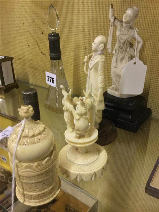 Indian carved ivory figure of a lady & a box with dome cover & elephant surmount (faults) & a Chinese ivory figure(4)